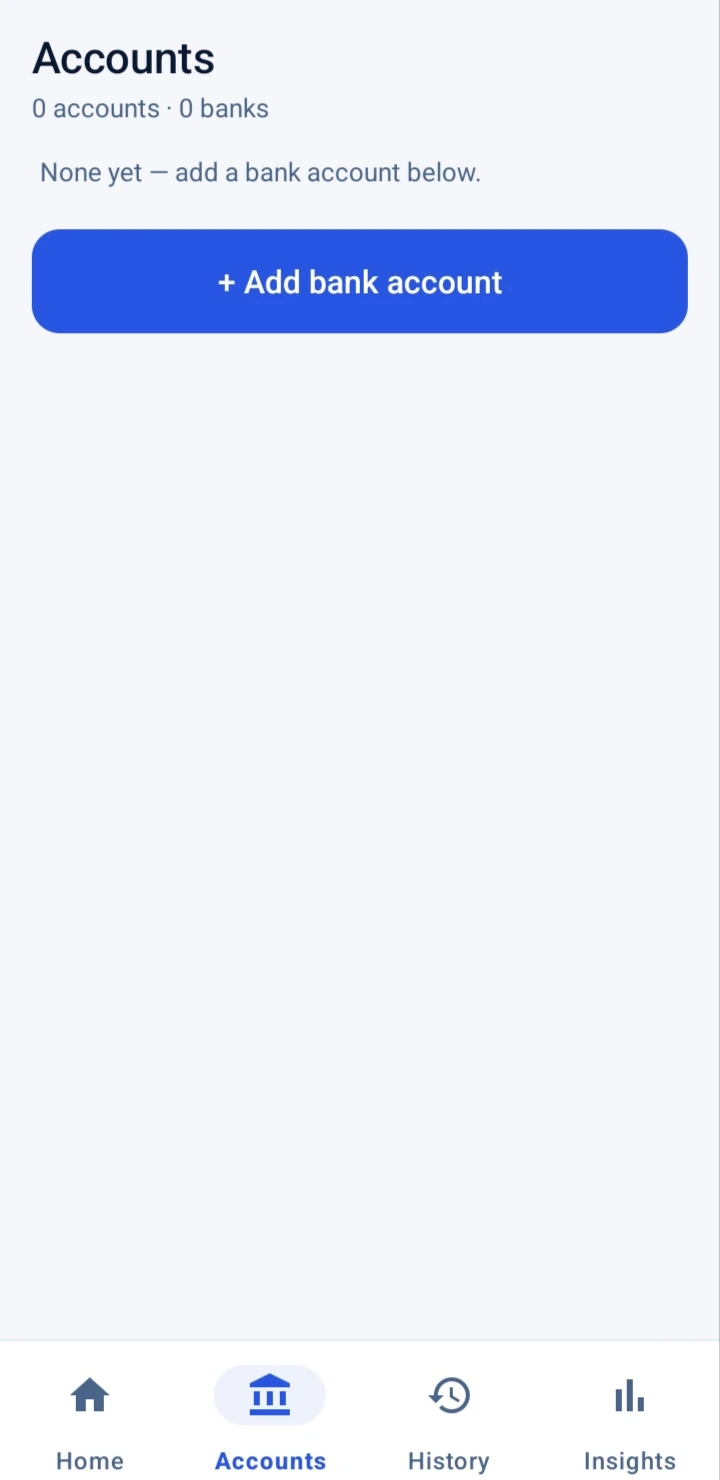 Accounts screen with the Add bank account button