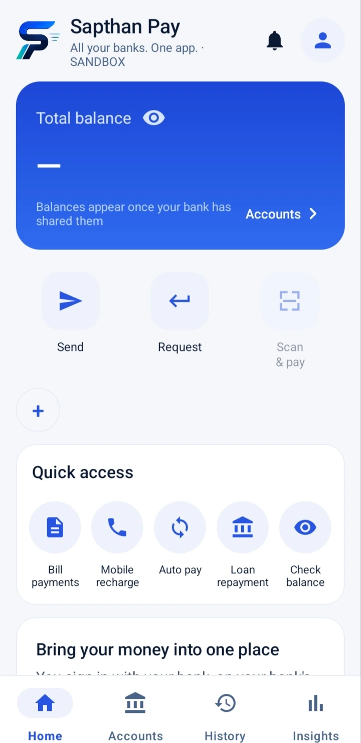 Home screen with total balance and quick actions