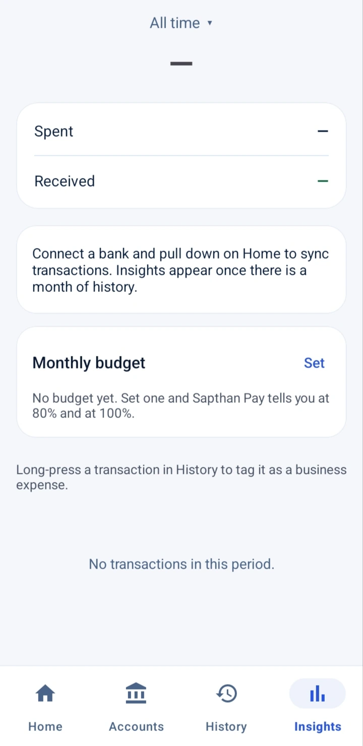 Insights screen with spent, received and monthly budget